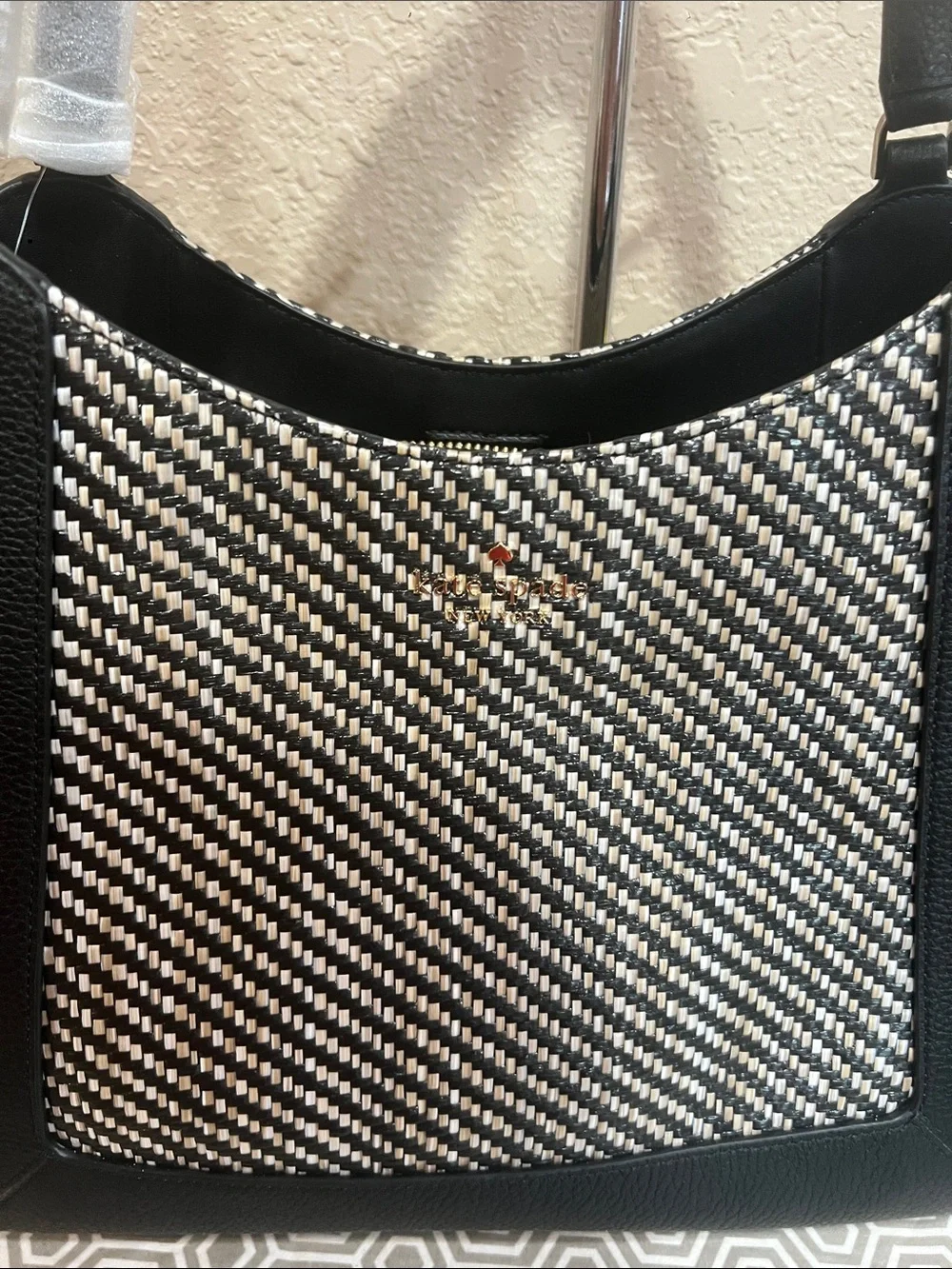 Kate Spade large triple shoulder Two tone straw LENA black multi